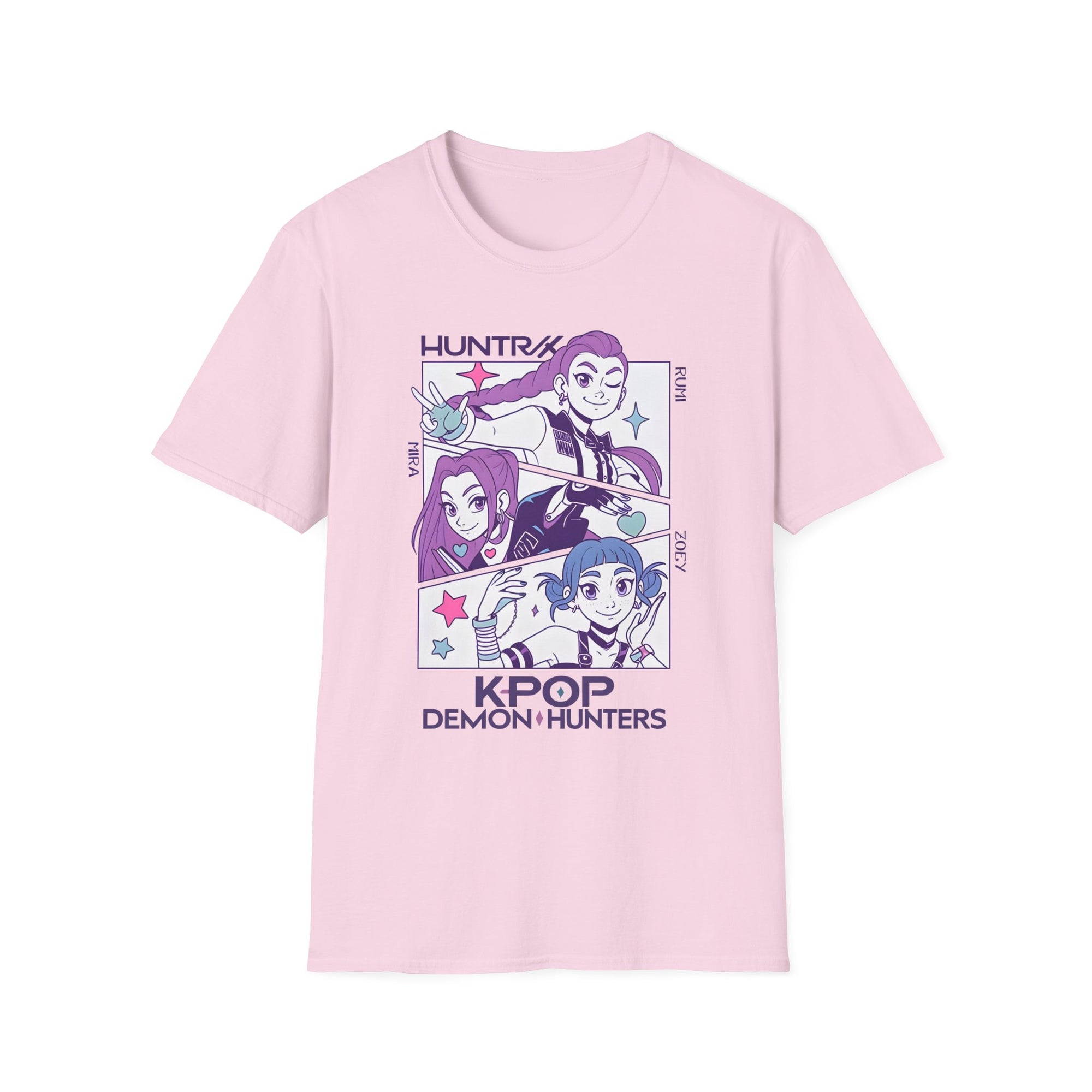 K-Pop Demon Hunter Huntrix T-Shirt with Rumi, Mira, and Zoey Design
