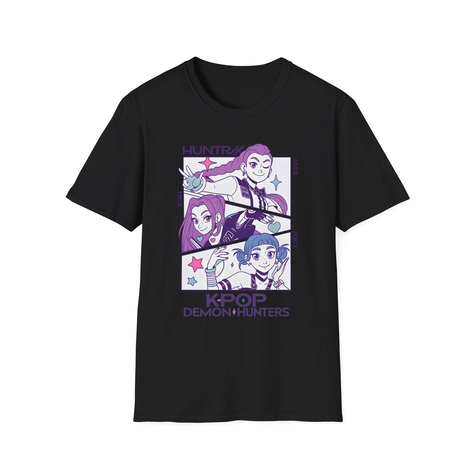 K-Pop Demon Hunter Huntrix T-Shirt with Rumi, Mira, and Zoey Design