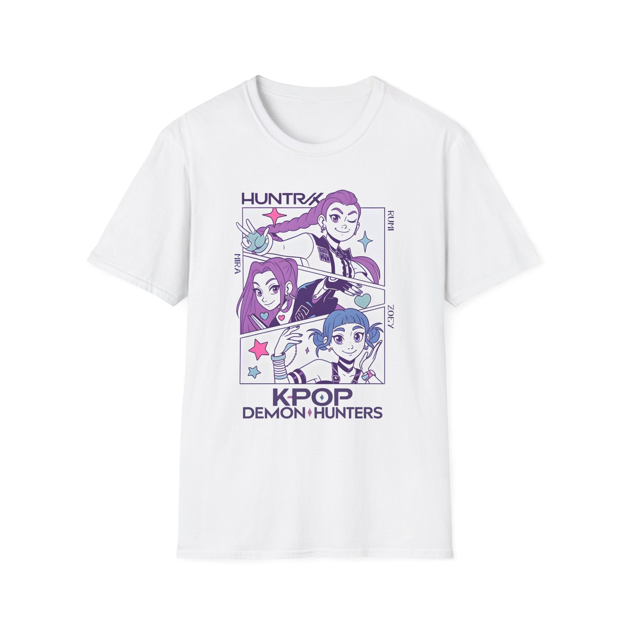 K-Pop Demon Hunter Huntrix T-Shirt with Rumi, Mira, and Zoey Design