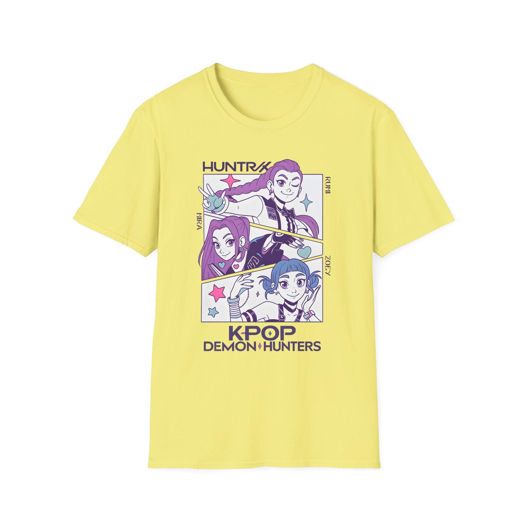 K-Pop Demon Hunter Huntrix T-Shirt with Rumi, Mira, and Zoey Design